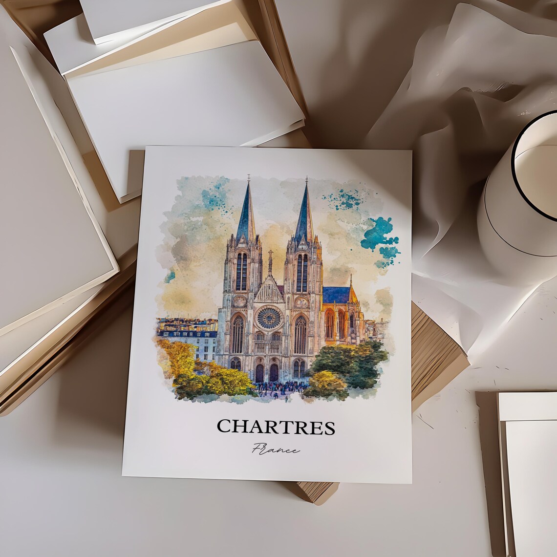 Chartres France Watercolor Cathedral Twin Spires Gothic Facade Poster - Image 3