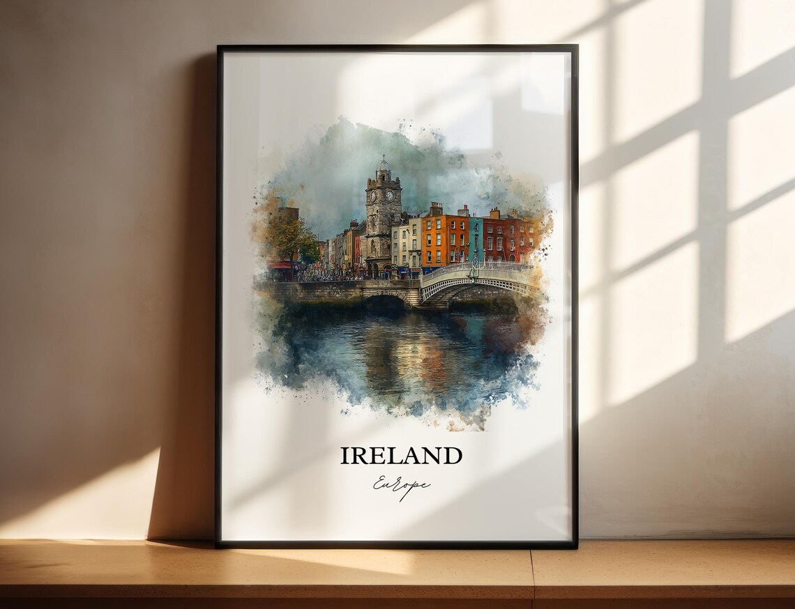 Ireland Dublin Clock Tower Riverside Watercolor Europe Travel Poster