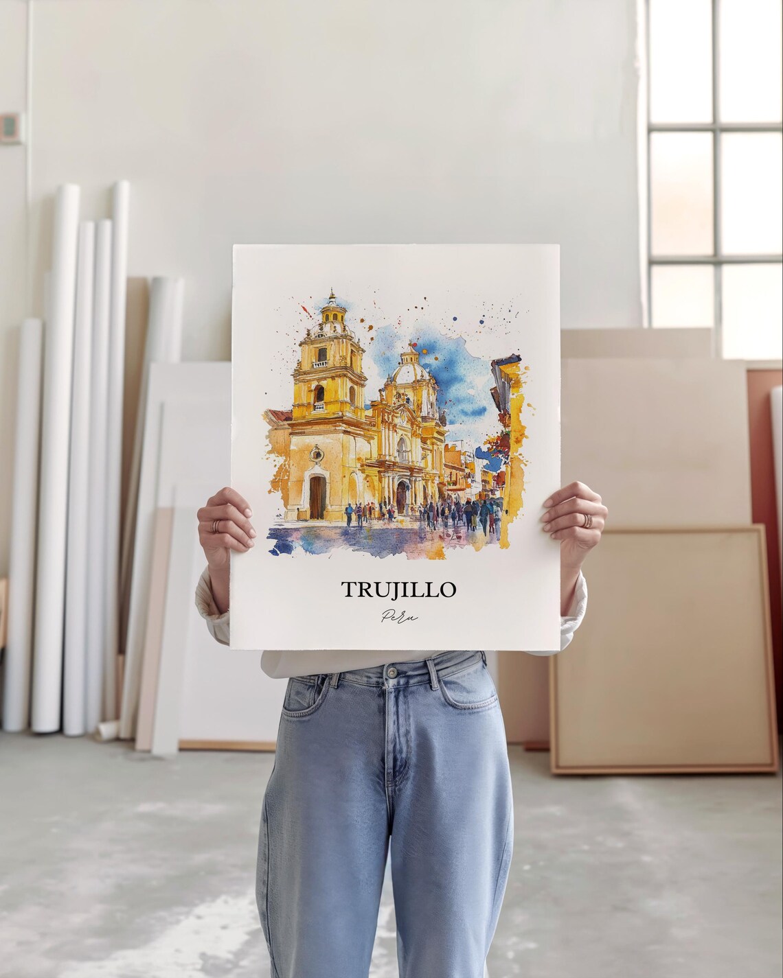 Trujillo Peru Golden Colonial Church Watercolor Travel Poster - Image 4