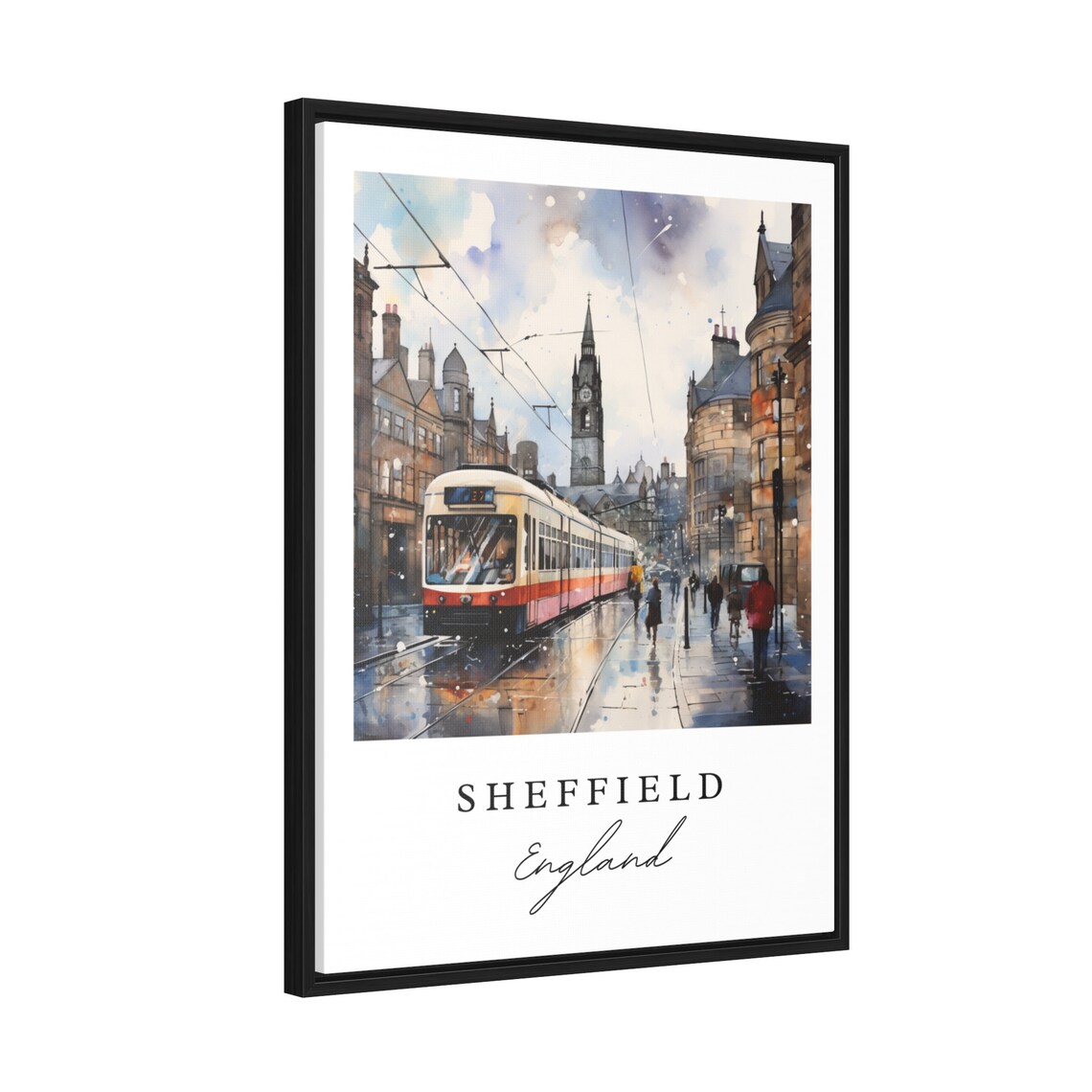 Sheffield England Tram Street Clock Tower Watercolor City Poster - Image 2