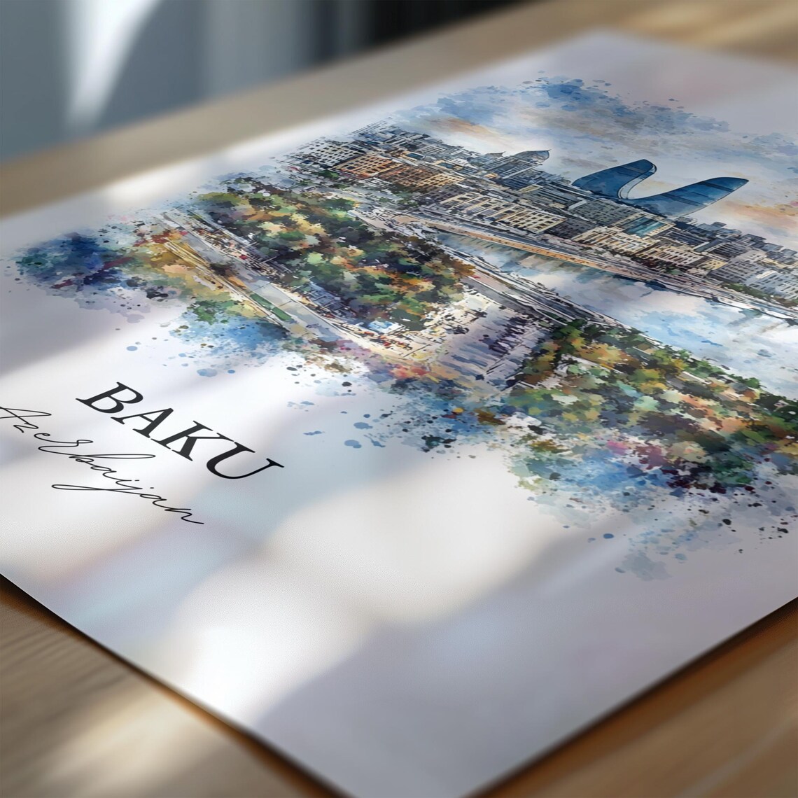 Baku Azerbaijan Bay Skyline Flame Towers Watercolor Travel Poster - Image 6