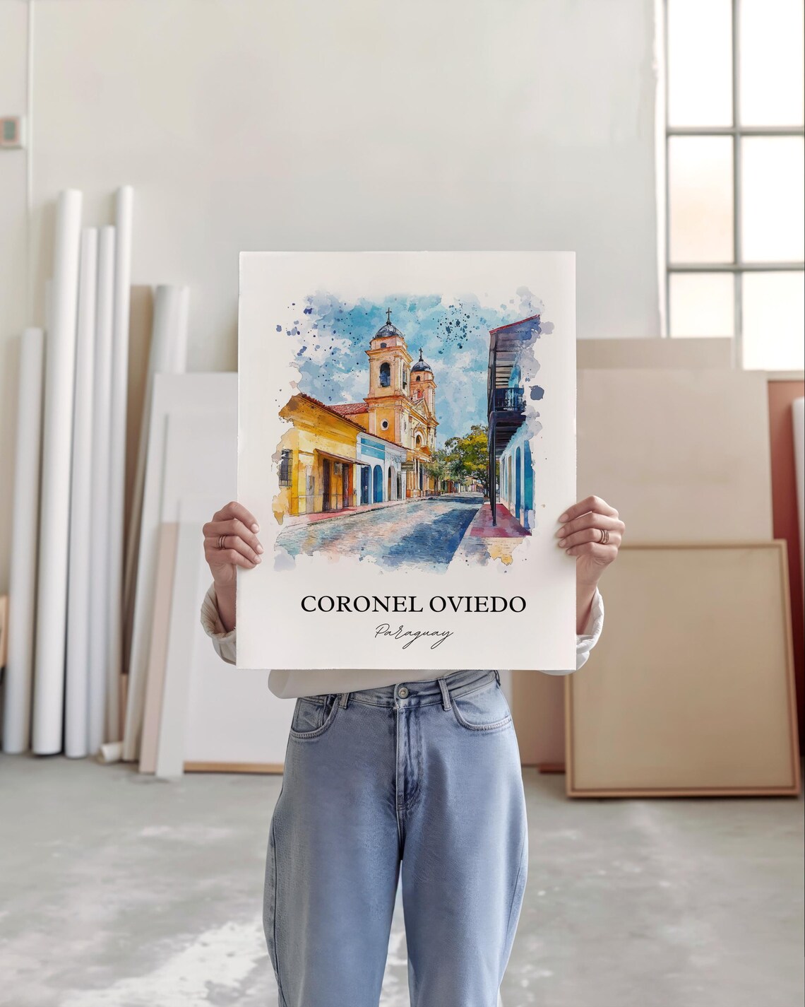 Coronel Oviedo Paraguay Watercolor Church Colonial Street Poster - Image 3