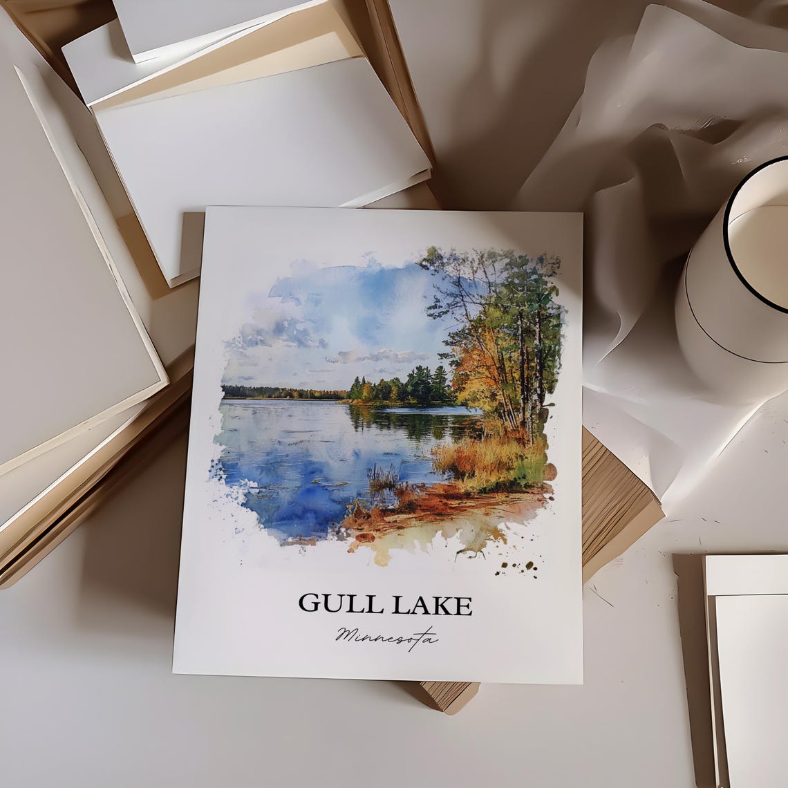Gull Lake Minnesota Tranquil Lakeshore Birch Watercolor Poster - Image 3