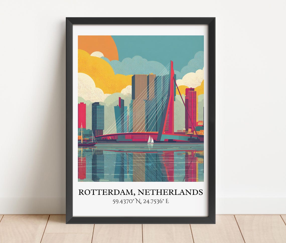 Rotterdam Netherlands Erasmus Bridge Sunset Harbor Travel Poster