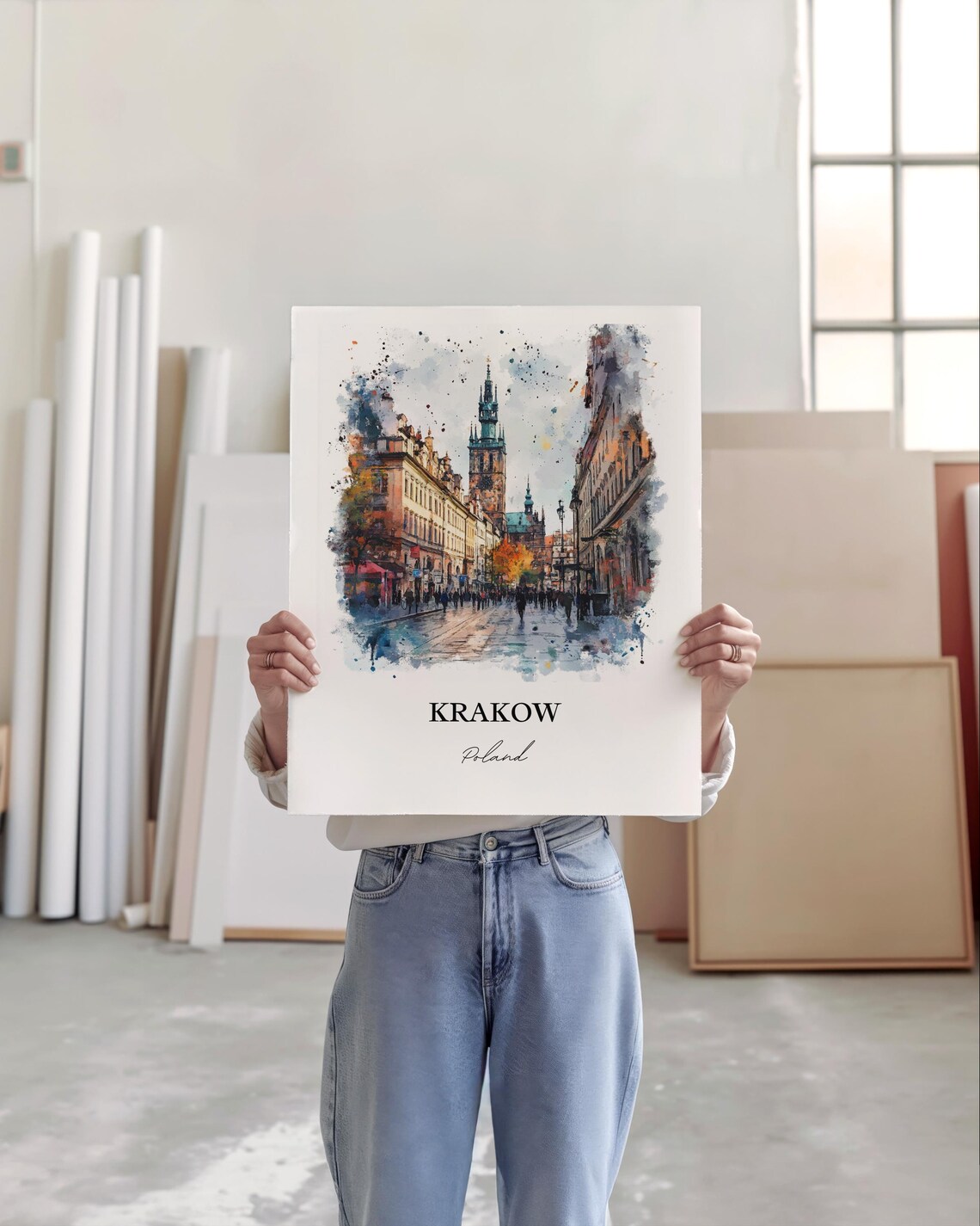 Krakow Poland Old Town St Mary Tower Street Watercolor Travel Poster - Image 4