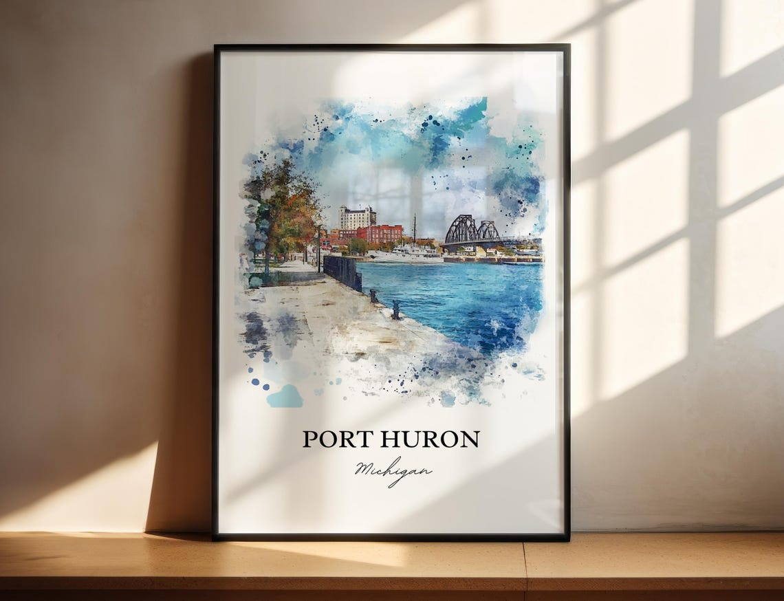 Port Huron Michigan Waterfront Boardwalk Bridge Watercolor Poster