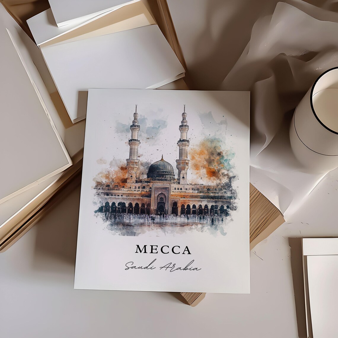Mecca Saudi Arabia Watercolor Green Dome Mosque Prayer Art Poster - Image 6