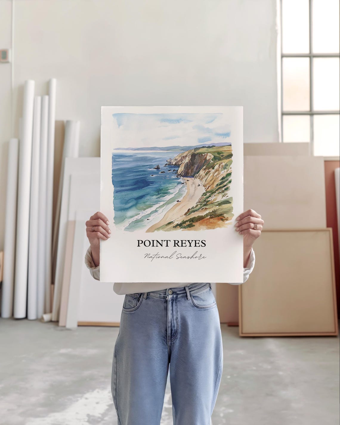 Point Reyes National Seashore Cliffs Beach Watercolor Travel Poster - Image 2