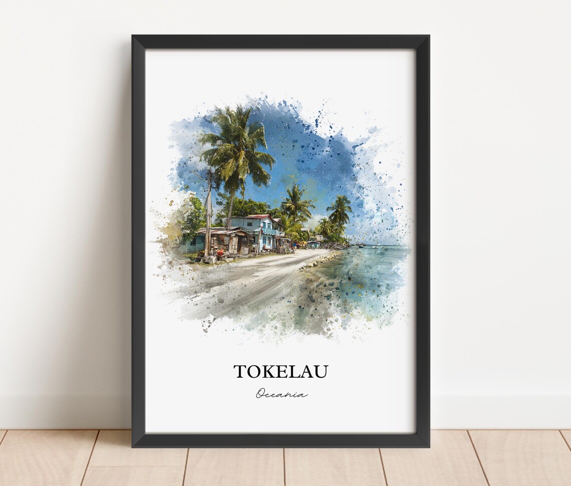 Tokelau Oceania Palm Trees Beachfront Watercolor Island Art Poster - Image 3
