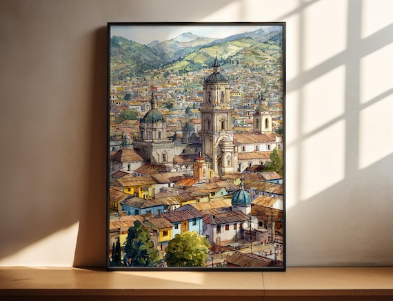 Loja Ecuador Cathedral Domes Hillside Old Town Watercolor Art Poster