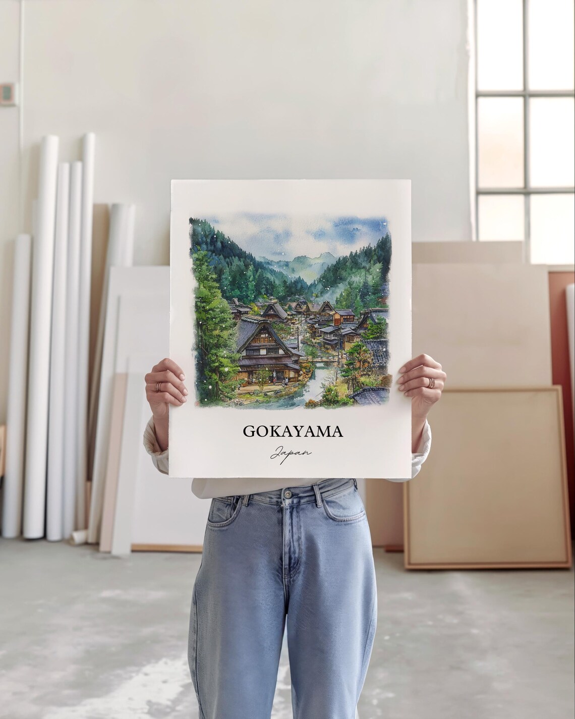 Gokayama Japan Watercolor Thatched Roof Village Valley Poster - Image 2