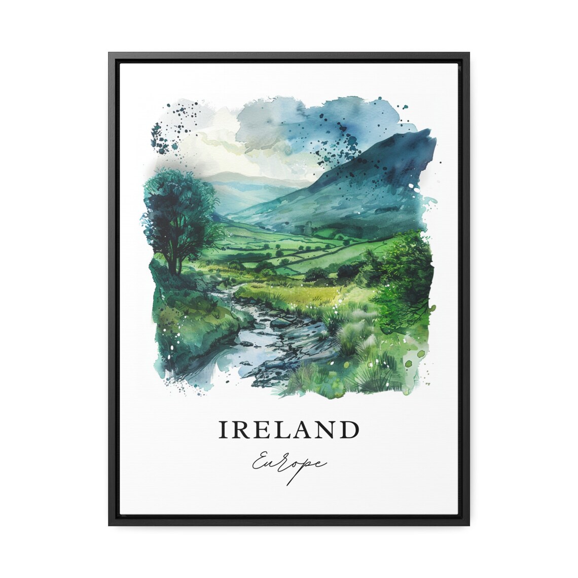 Ireland Green Valley Stream Landscape Watercolor Travel Poster - Image 3