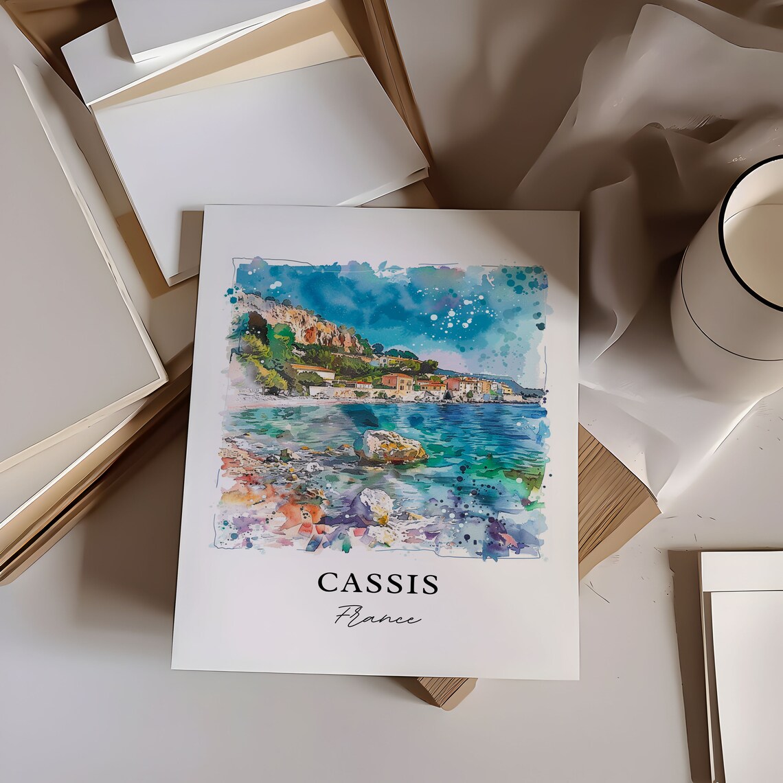 Cassis France Watercolor Rocky Coastline Turquoise Sea Poster - Image 6