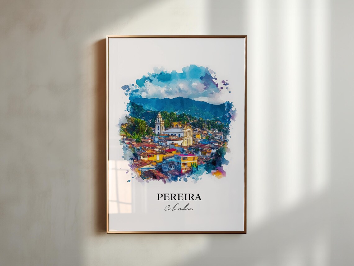 Pereira Colombia Hillside Town Church Watercolor Travel Art Poster - Image 5