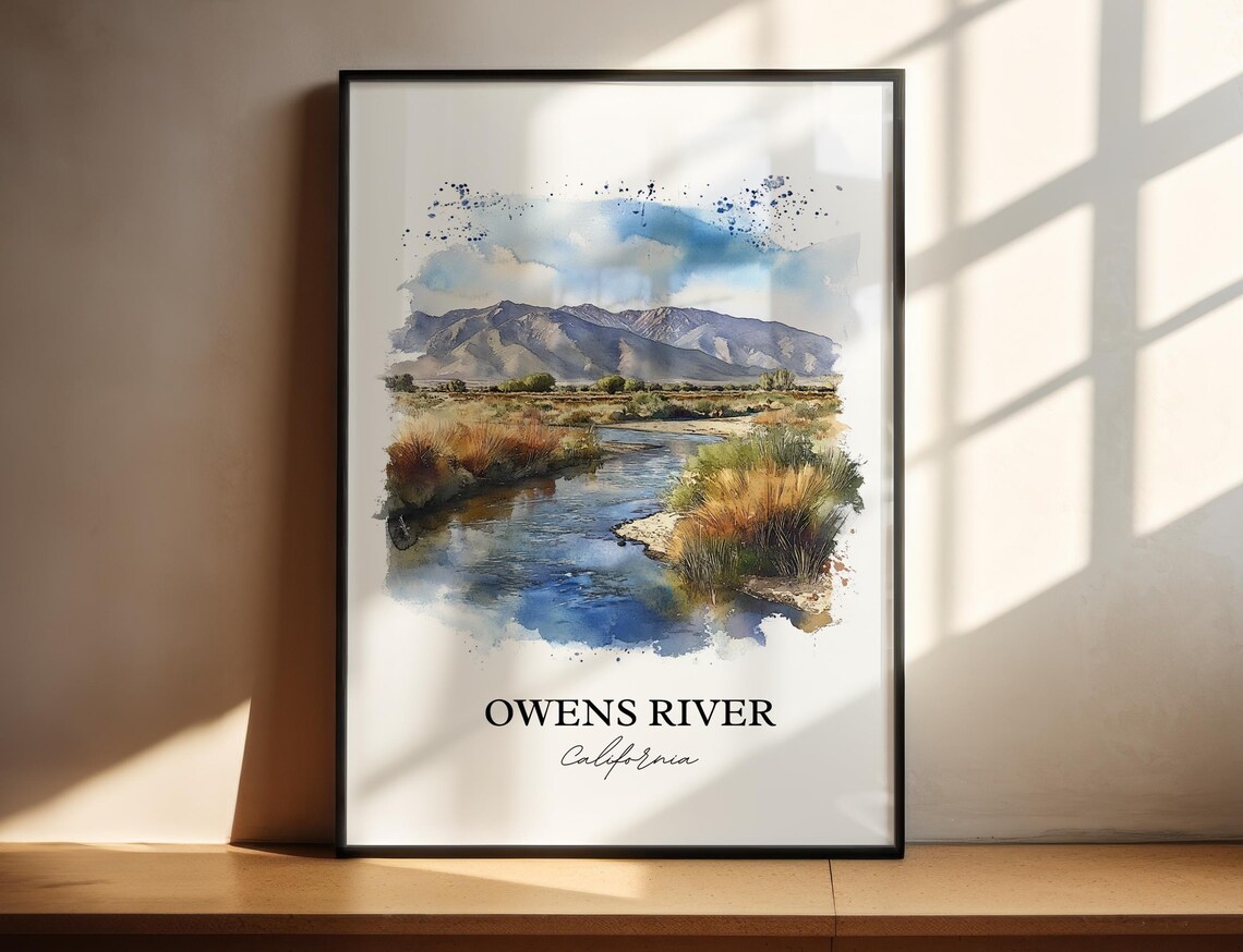 Owens River California Golden Meadow Mountain Watercolor Poster