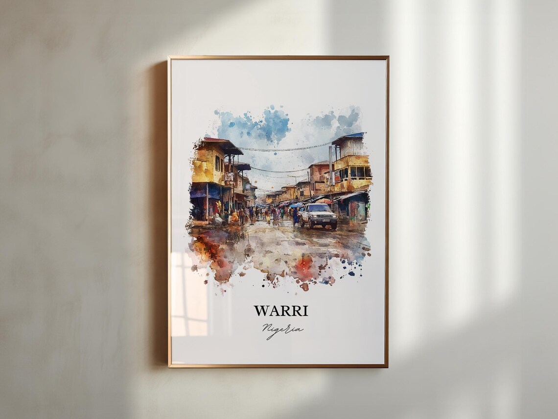 Warri Nigeria Watercolor Busy Market Street Scene Art Poster - Image 6