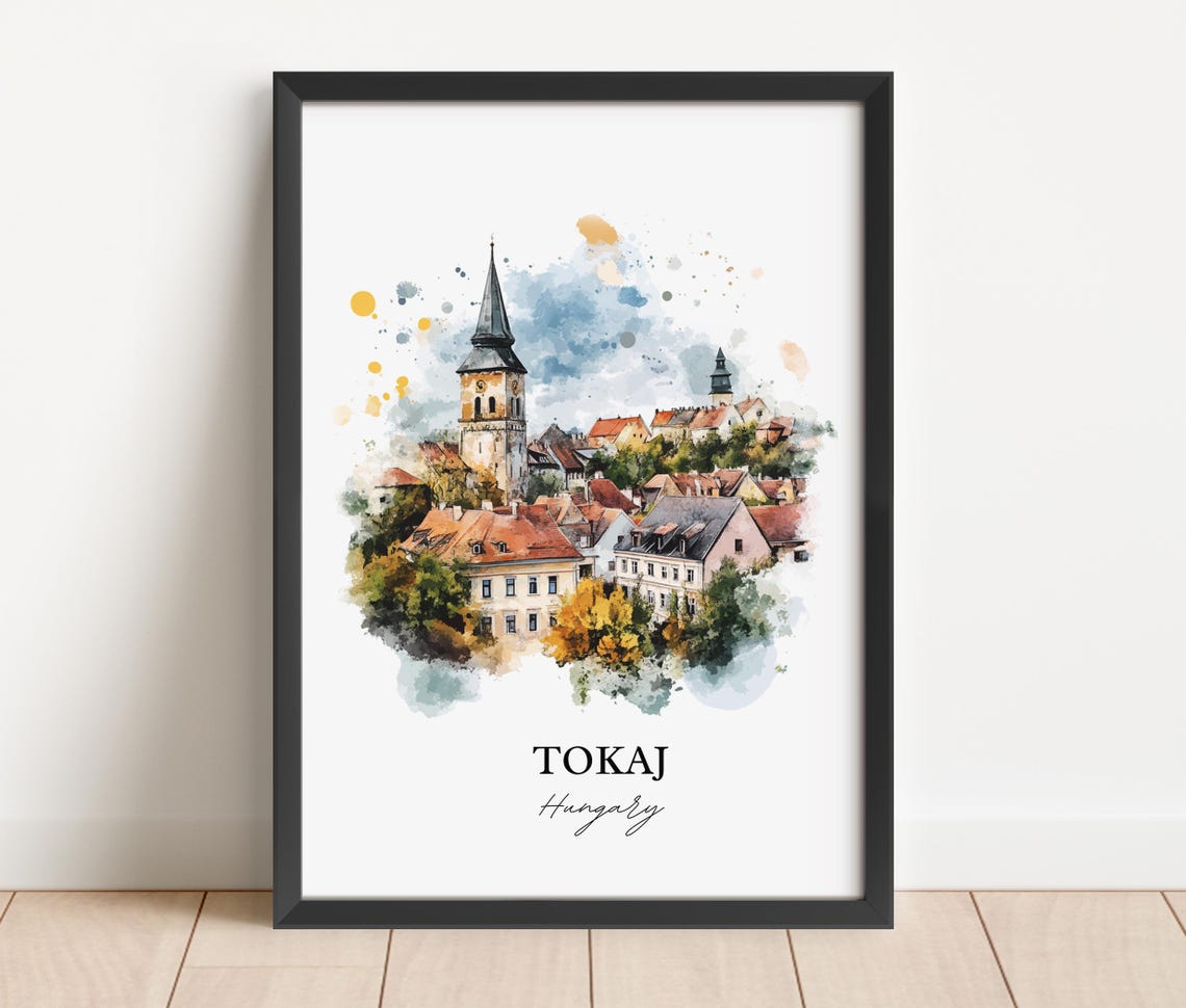 Tokaj Hungary Watercolor Church Tower Hillside Town View Poster - Image 3
