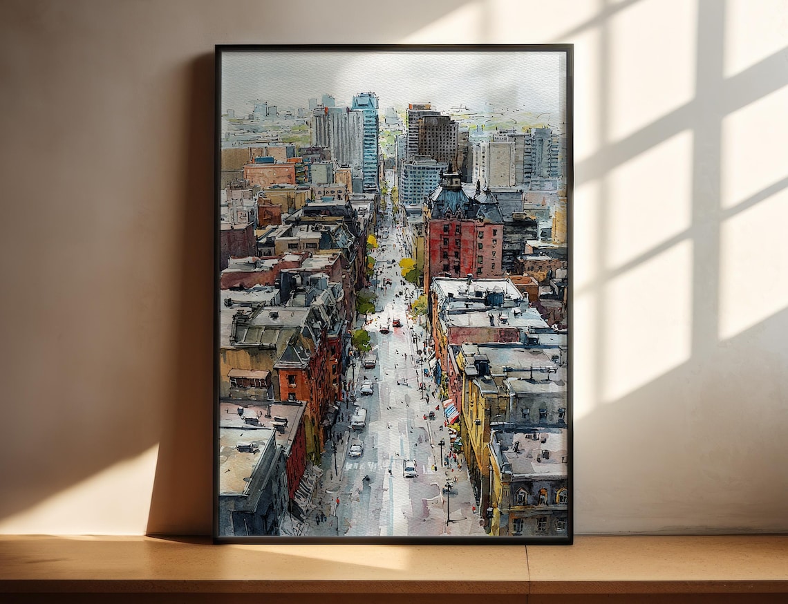 Montreal Watercolor Travel Poster, Canada Skyline