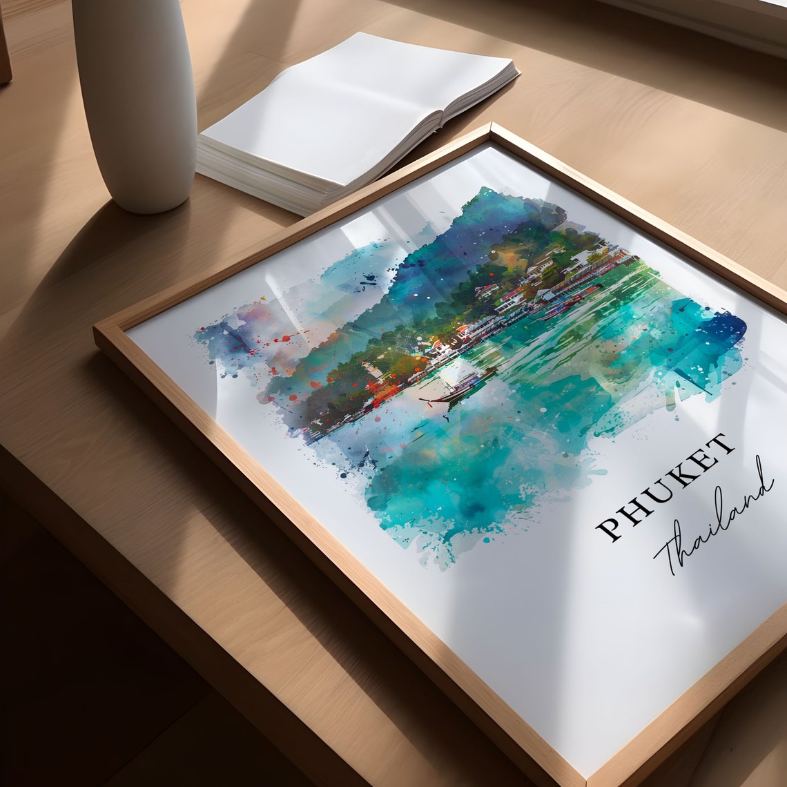 Phuket Thailand Watercolor Art Turquoise Bay Longtail Boats Poster - Image 6