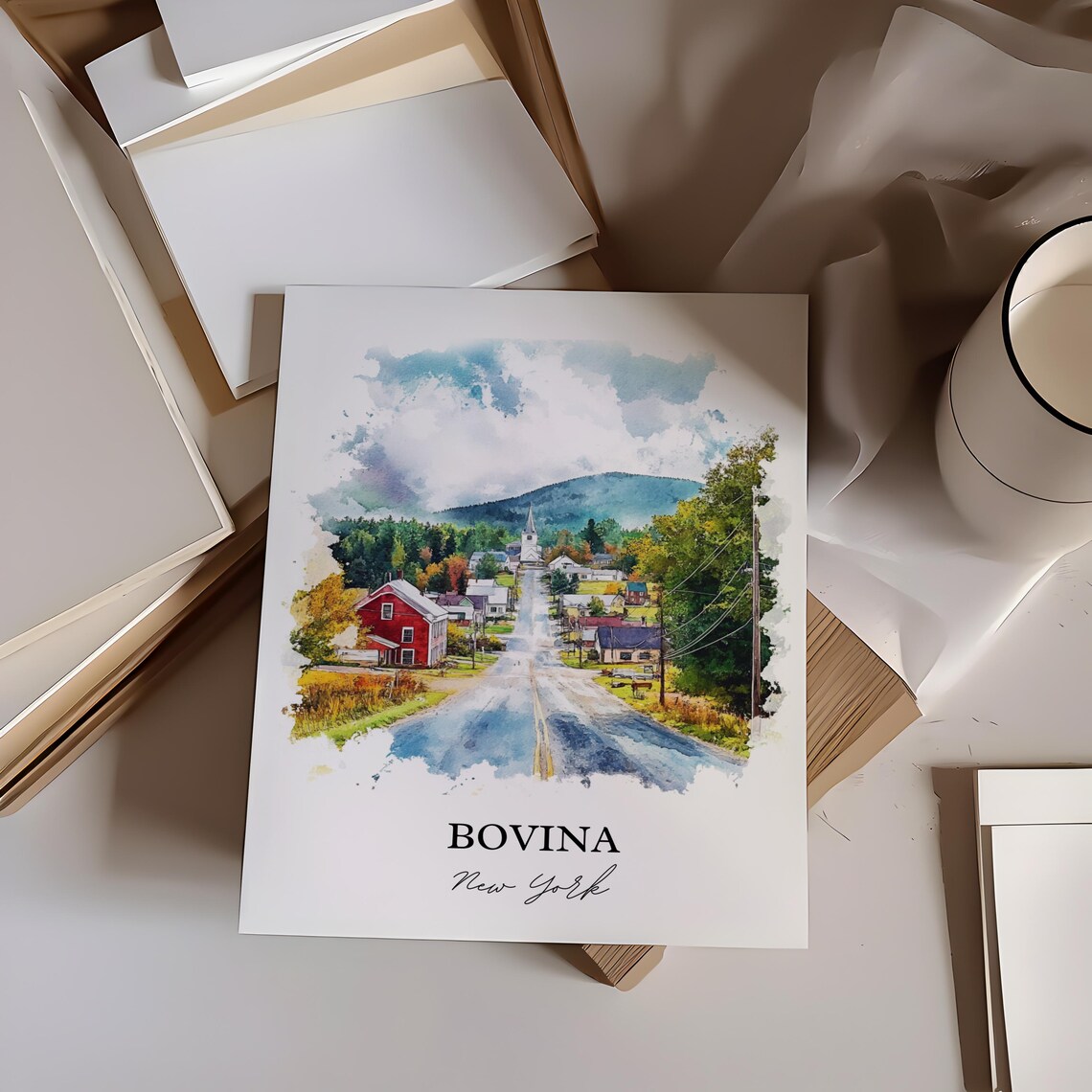 Bovina New York Country Road Village Watercolor Travel Gift Poster - Image 3