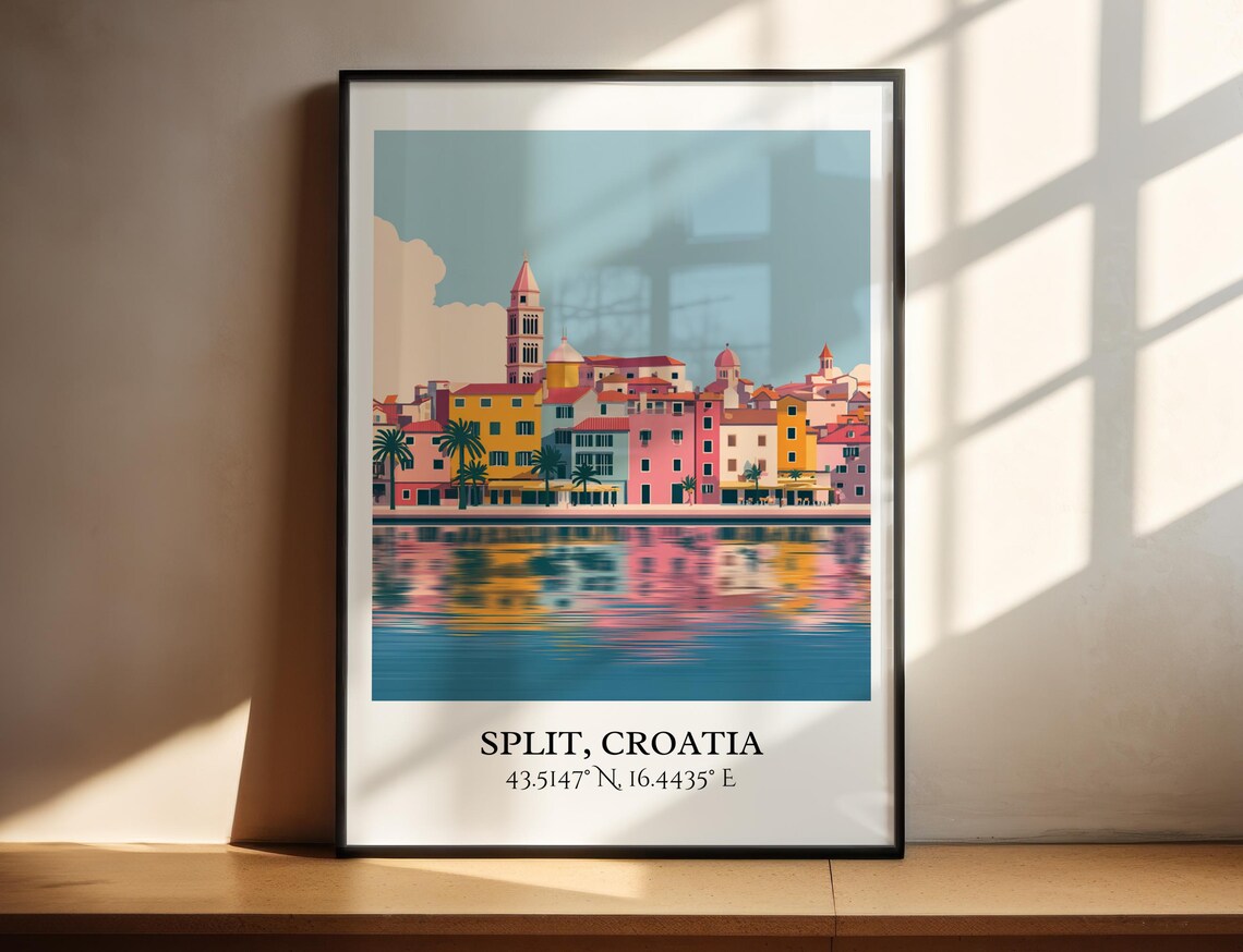 Split Croatia Retro Harbor City Skyline Vintage Travel Decor Poster