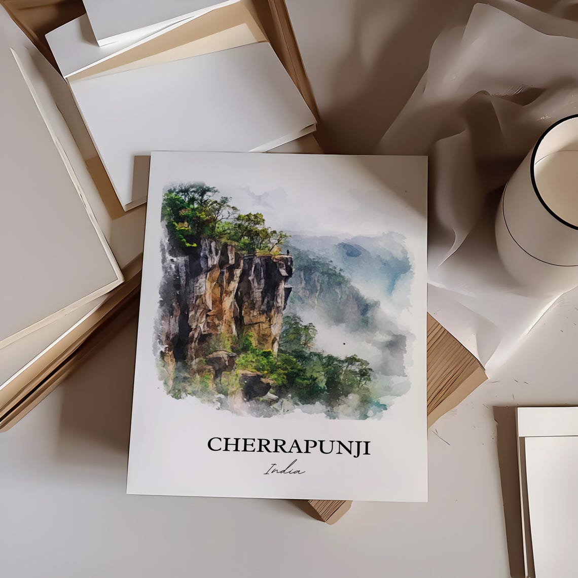 Cherrapunji India Watercolor Misty Cliffs Mountain Gorge Poster - Image 4