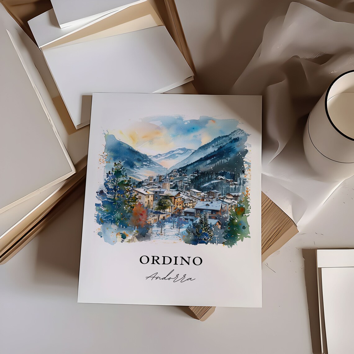 Ordino Andorra Snowy Mountain Village Watercolor Travel Poster - Image 6