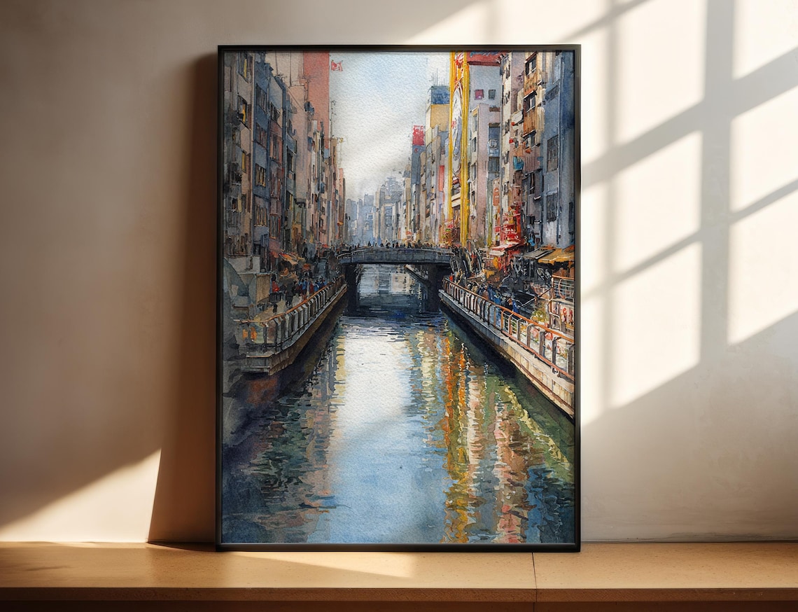 Osaka Japan Canal Watercolor Cityscape Travel Art Wall Decor Poster