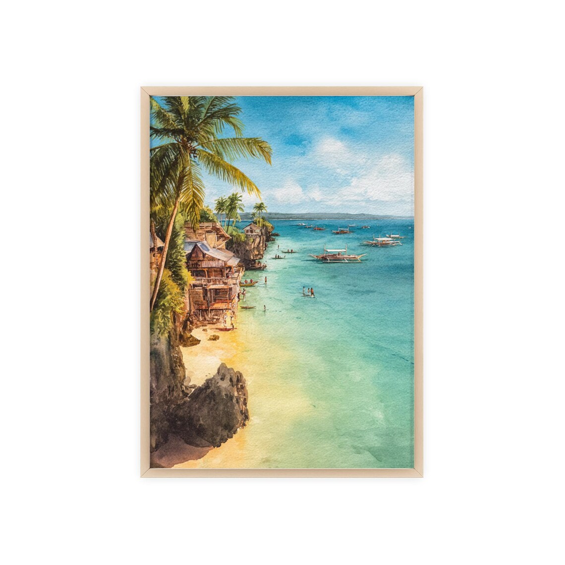 Tropical Cliff Beach Bangka Boats Watercolor Island Seascape Poster