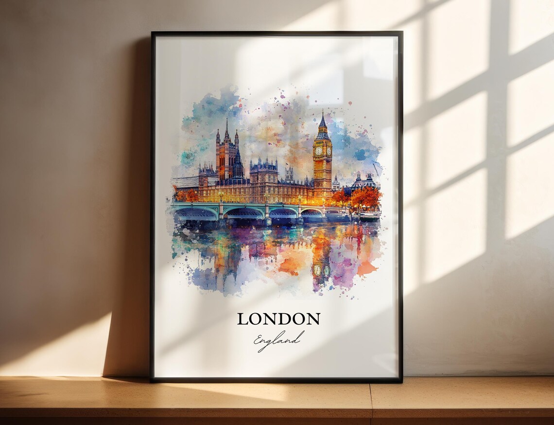 London England Watercolor Big Ben Parliament Thames Travel Poster