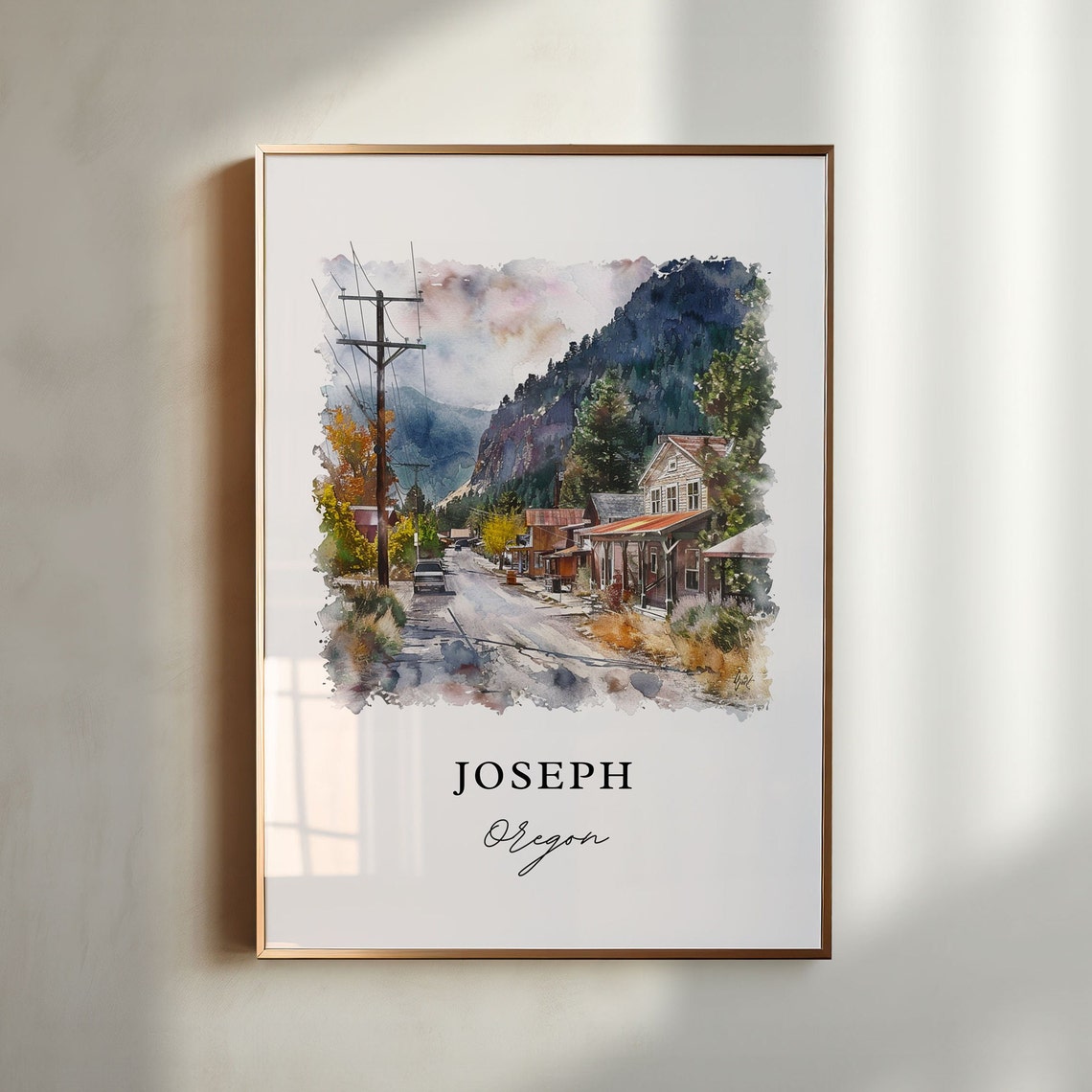 Joseph Oregon Mountain Valley Frontier Town Watercolor Travel Poster