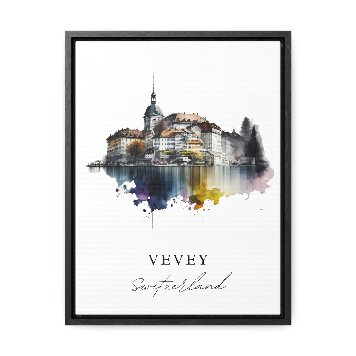 Vevey Switzerland Lakeside Old Town Watercolor Travel Poster - Image 2