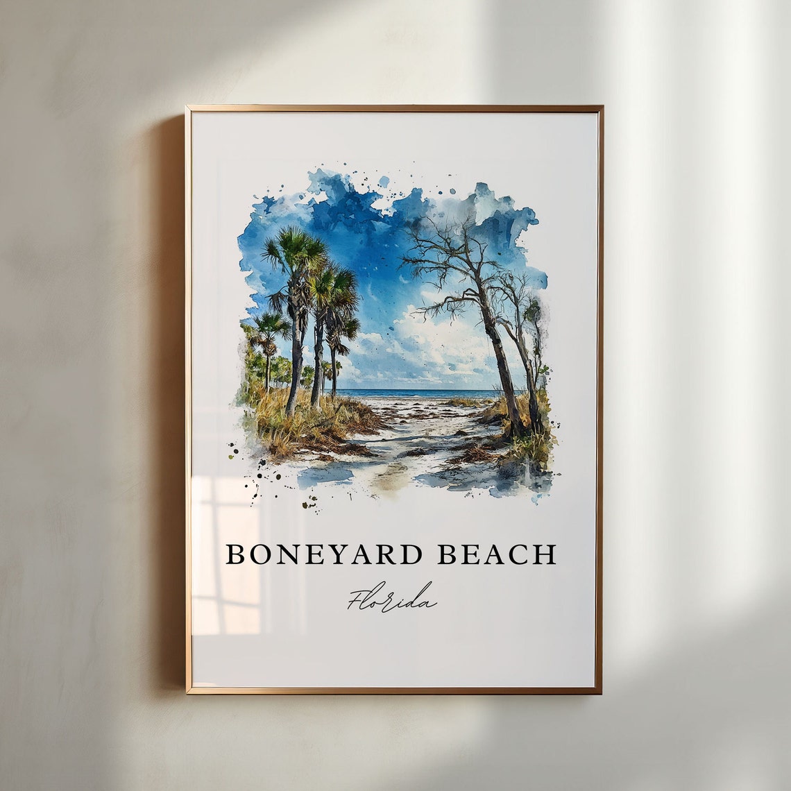 Boneyard Beach Florida Palm Driftwood Beach Watercolor Print Art