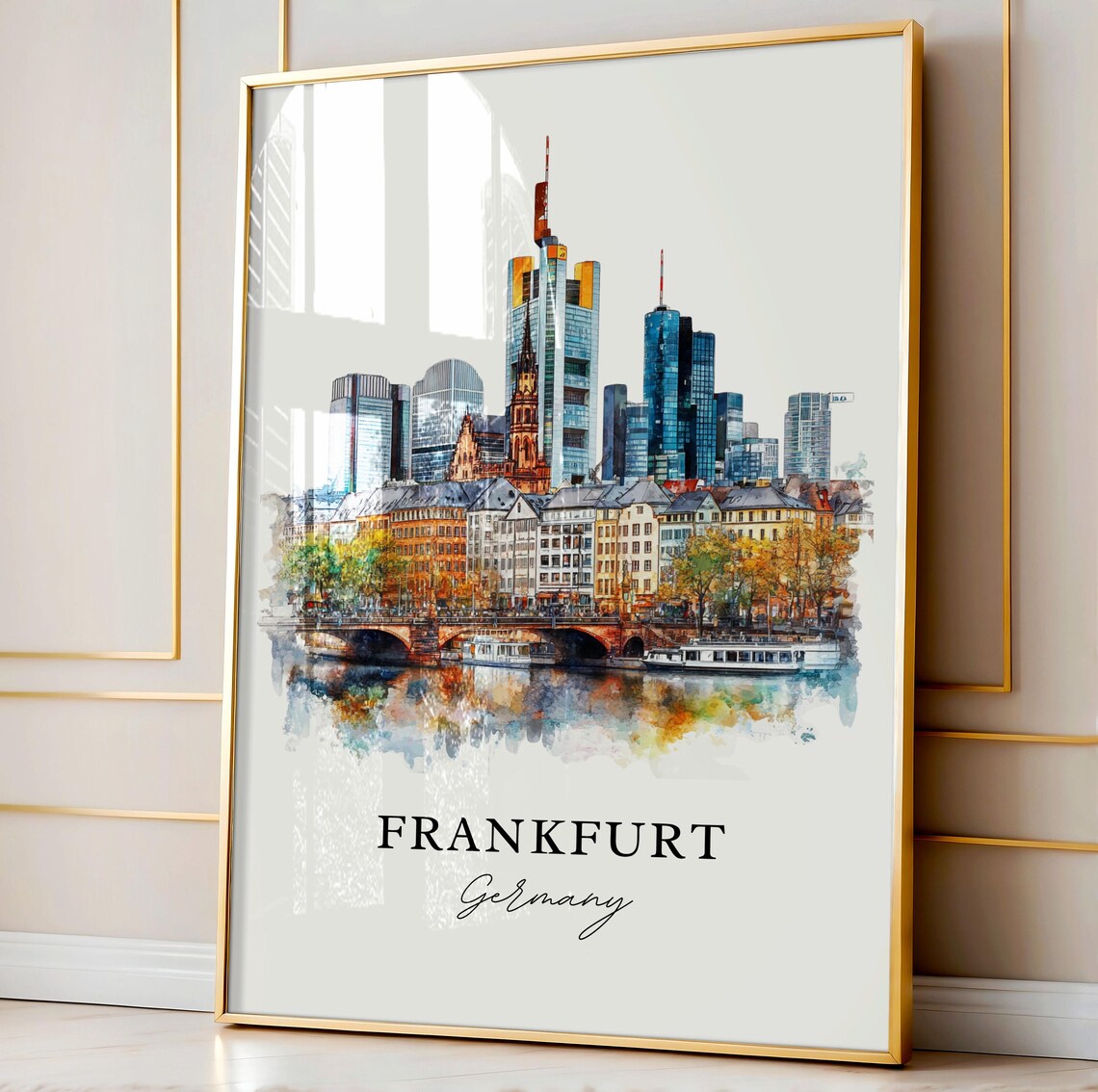 Frankfurt Germany Watercolor Modern Skyline River Scene Poster - Image 3