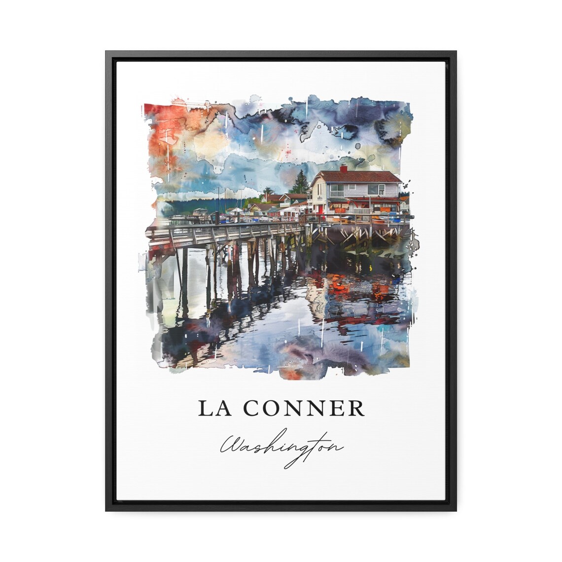 La Conner Washington Waterfront Pier Harbor Watercolor Poster - Image 3