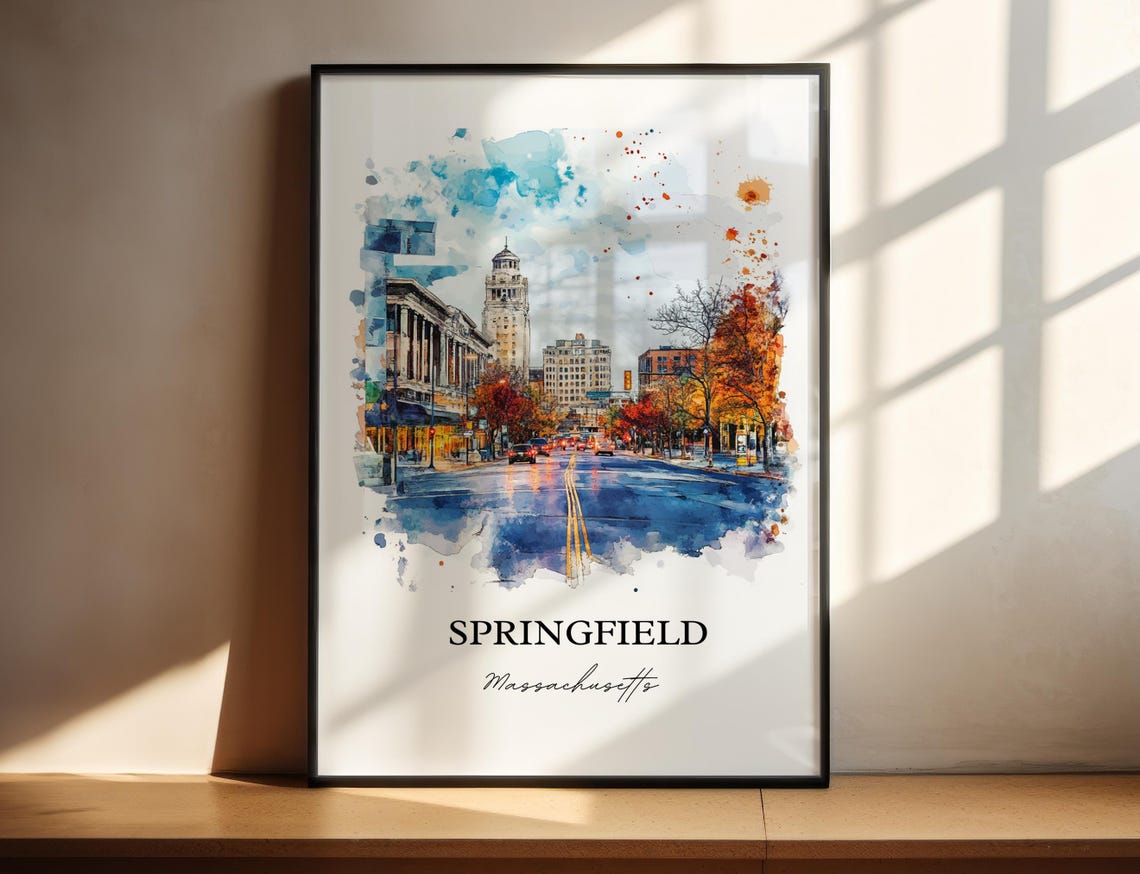 Springfield Massachusetts Watercolor Downtown Fall Scene Art Poster