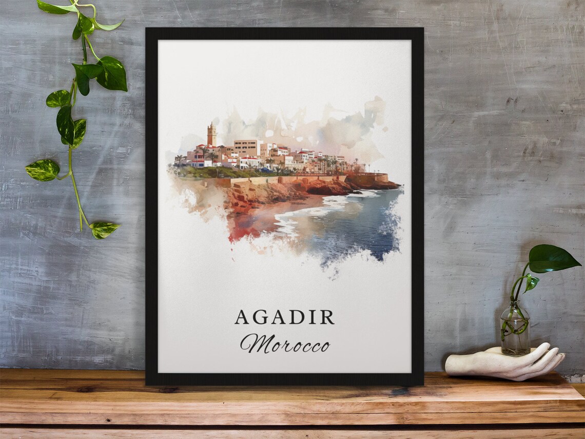 Agadir Morocco Cliffside Coastline City Watercolor Travel Poster - Image 3