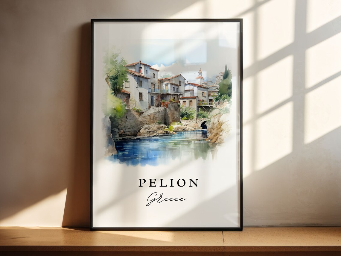 Pelion Greece Watercolor Riverside Village Travel Scene Poster - Image 4