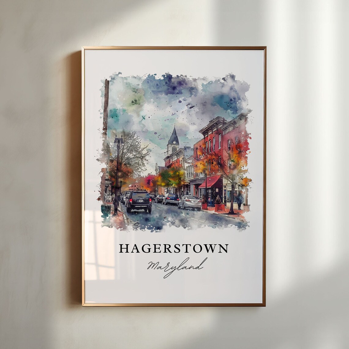Hagerstown Maryland Watercolor Downtown Street Autumn Poster