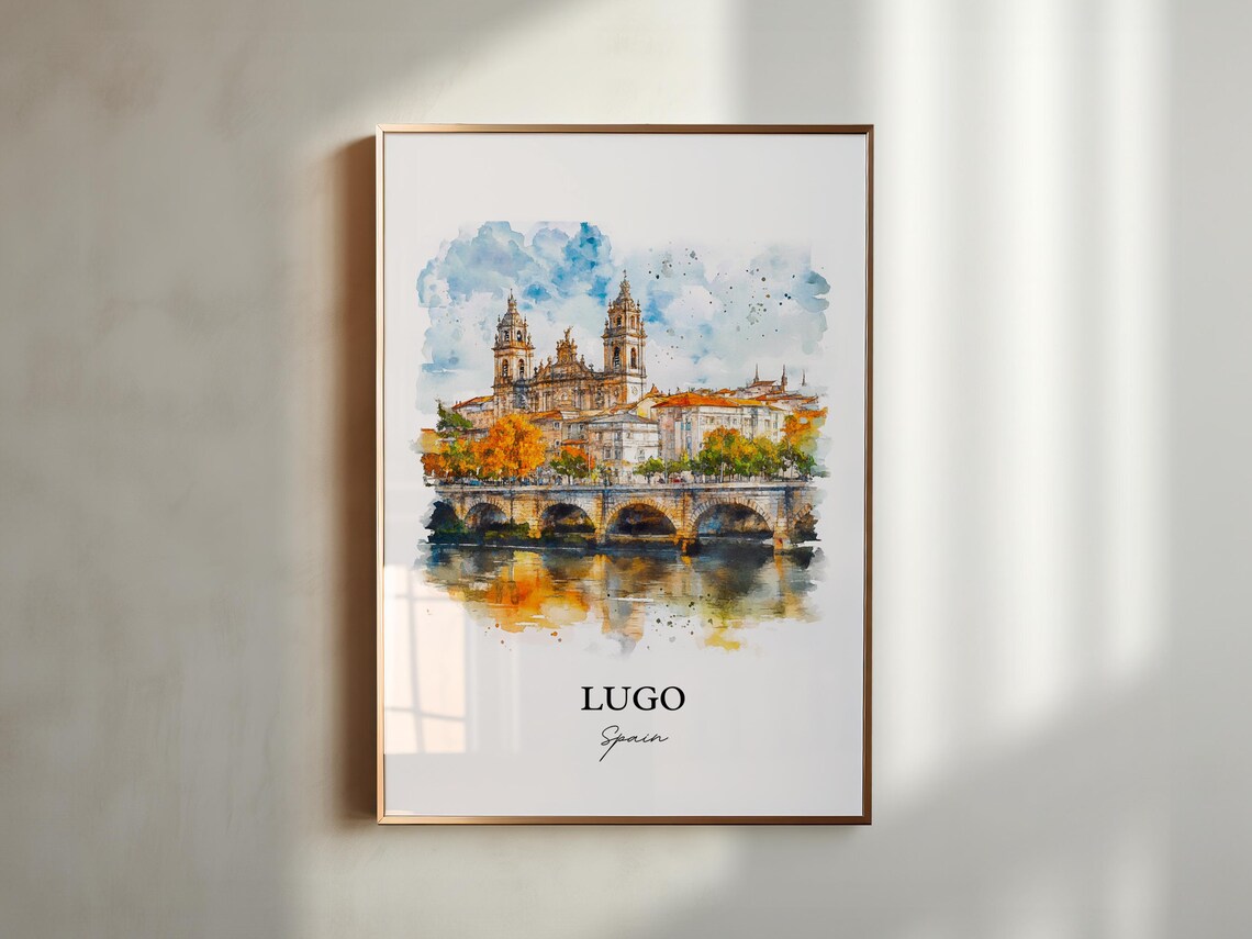 Lugo Spain Watercolor Cathedral Stone Bridge Autumn River View Poster - Image 3