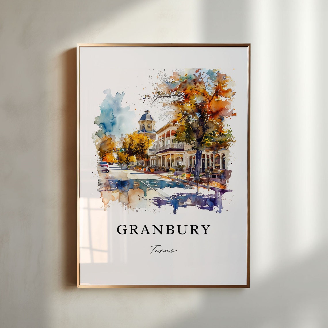 Granbury Texas Historic Courthouse Square Street Watercolor Poster