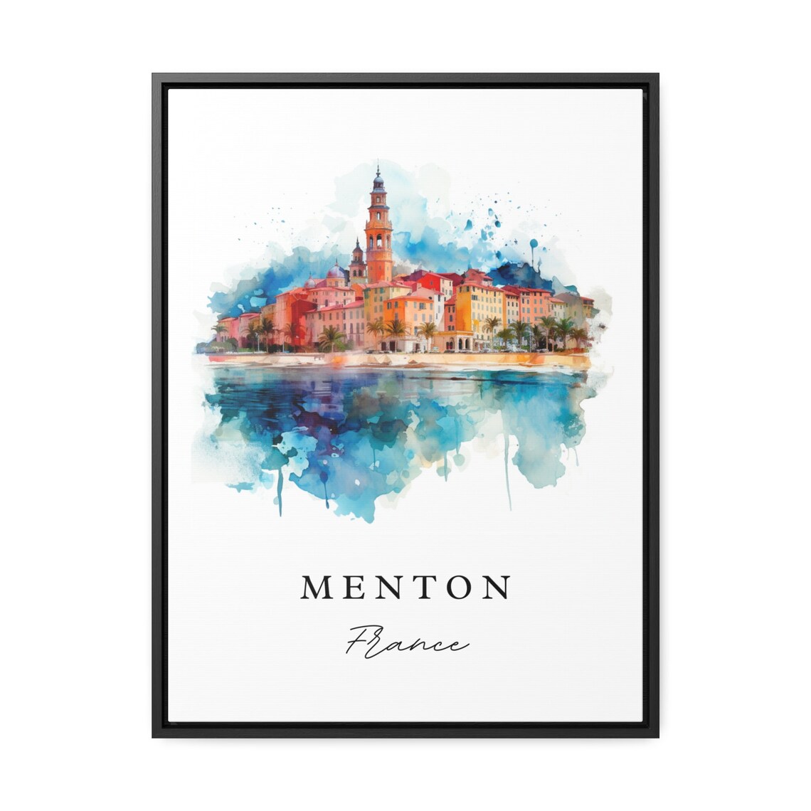 Menton France Watercolor Riviera Old Town Harbor Reflection Poster - Image 2
