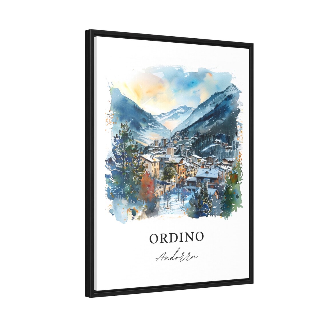 Ordino Andorra Snowy Mountain Village Watercolor Travel Poster - Image 2