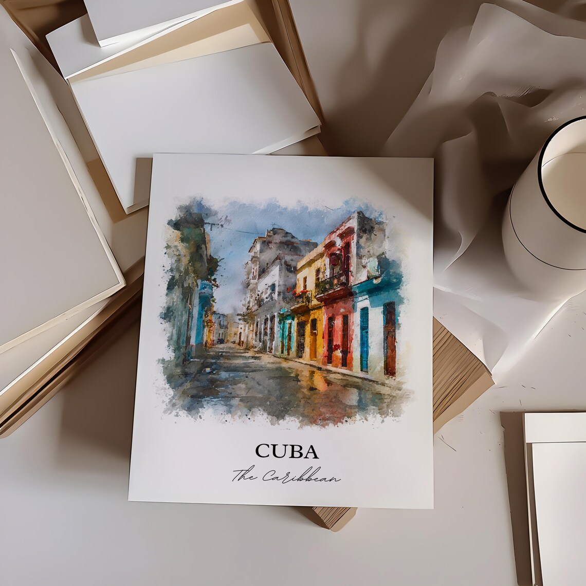 Cuba Caribbean Colorful Colonial Street Watercolor Art Poster - Image 2