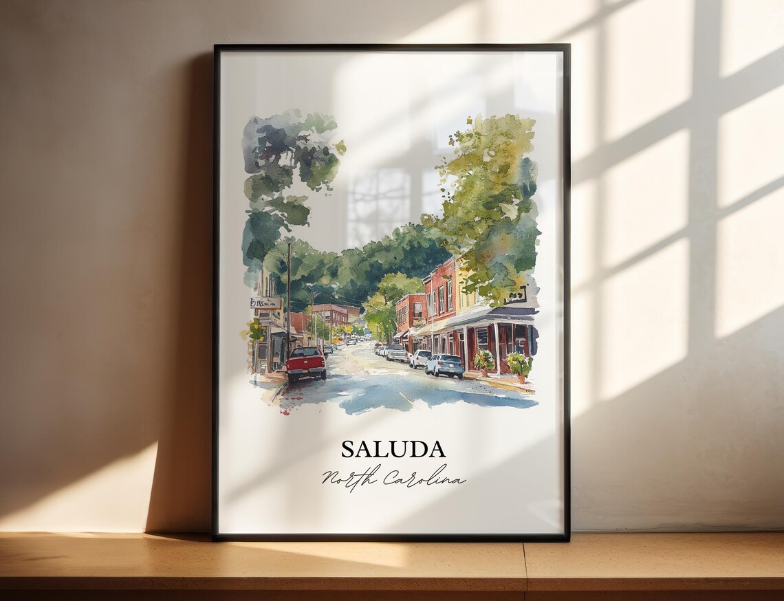 Saluda North Carolina Mountain Street Watercolor Travel Gift Poster