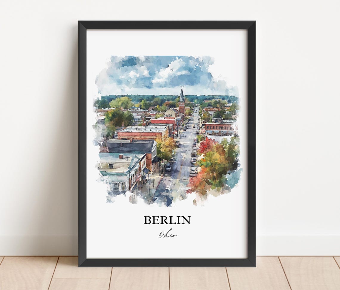Berlin Ohio Historic Downtown Overlook Watercolor Travel Poster - Image 2
