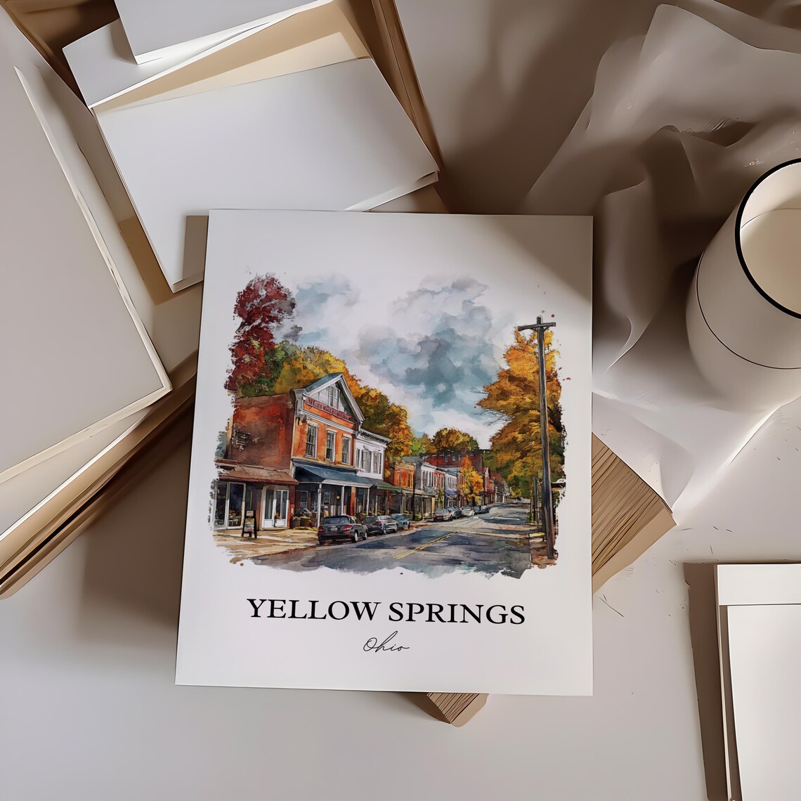 Yellow Springs Ohio Downtown Fall Colors Watercolor Travel Poster - Image 2