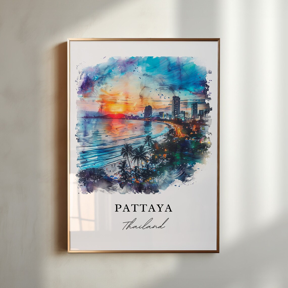Pattaya Thailand Beach Sunset Watercolor Cityscape Skyline Poster