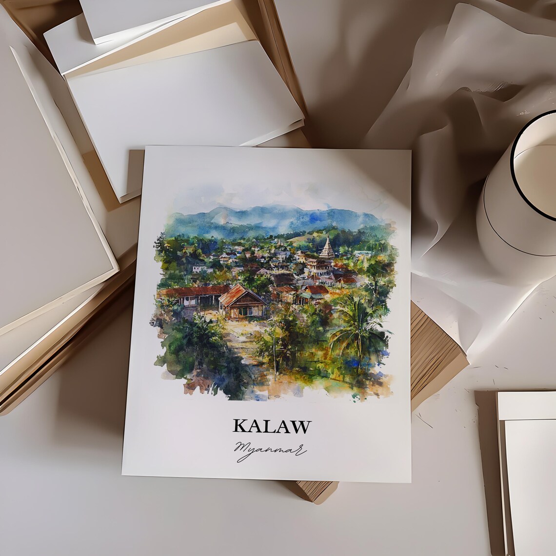Kalaw Myanmar Watercolor Hillside Town Mountain Landscape Poster - Image 3