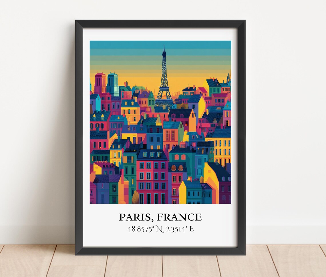Paris France Eiffel Tower Colorful Rooftops Retro Travel Art Poster - Image 4